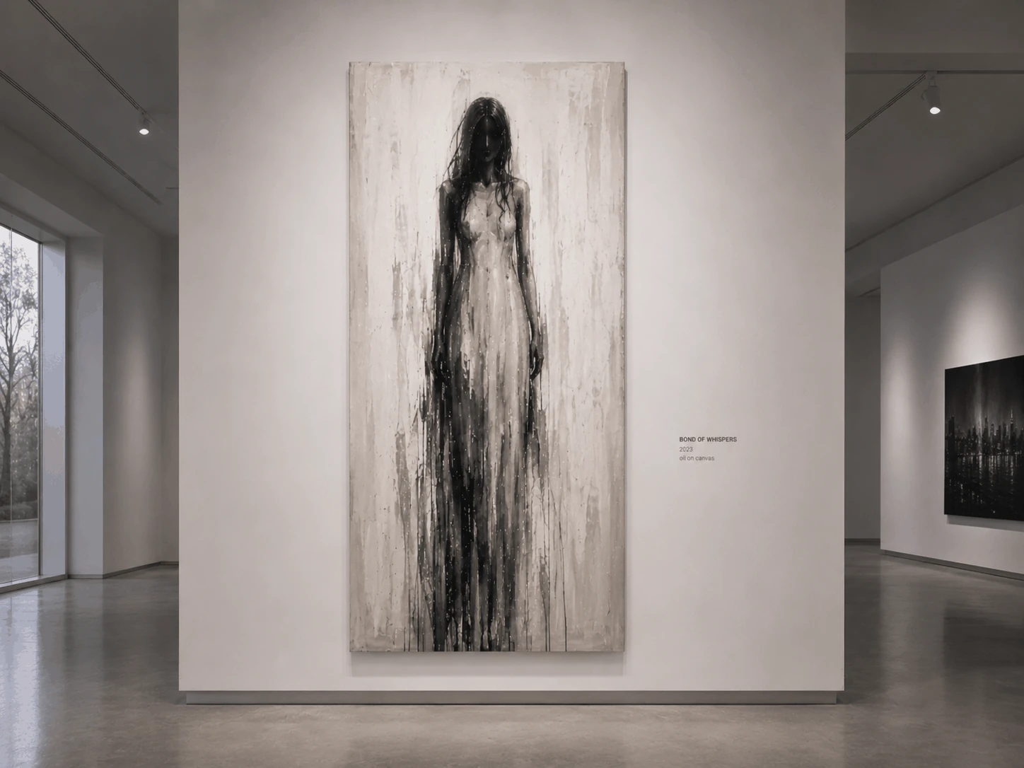 Bonds of Whispers painting in a gallery setting