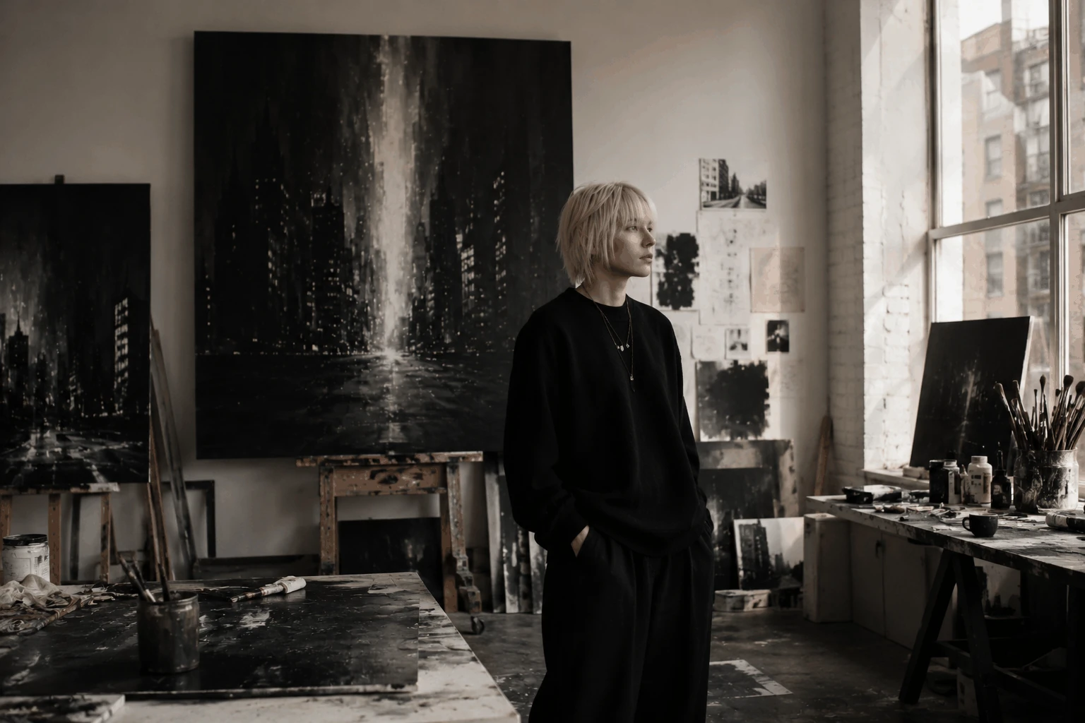Ana Šda standing in her studio beside large monochrome paintings