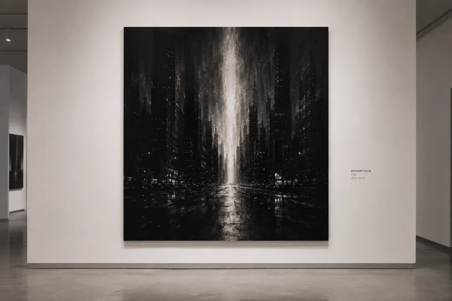 Ana Šda's black and white city painting in a gallery